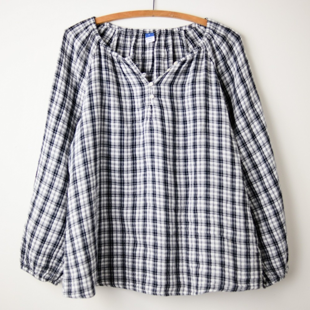 Tartan Plaid Peasant Top Blouse M Black White Cottage Minimalist Coastal Boho